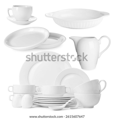 Different white dishware isolated on white, set