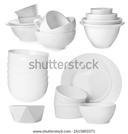 Different white dishware isolated on white, set