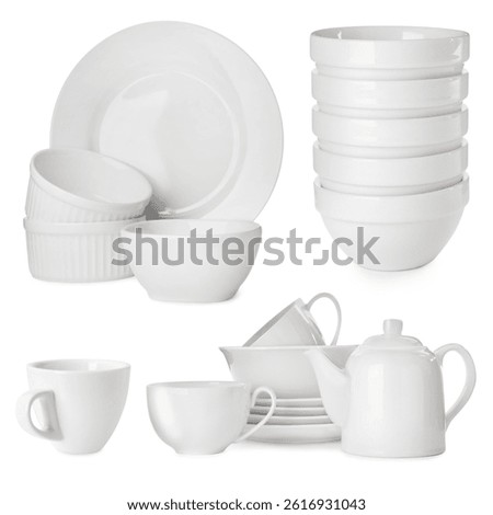 Different white dishware isolated on white, set