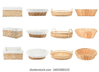 Different wicker bread baskets isolated on white, set