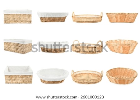 Different wicker bread baskets isolated on white, set