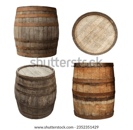 Different wooden barrels isolated on white, top and side views. Collage design