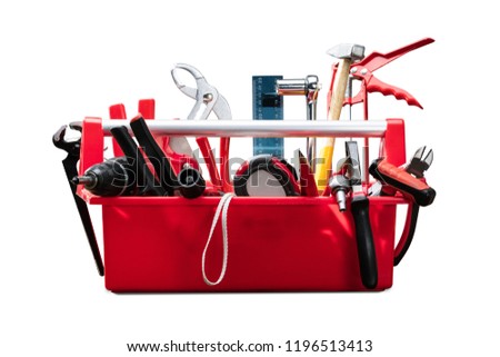 Different Worktools In Red Toolbox On White Background
