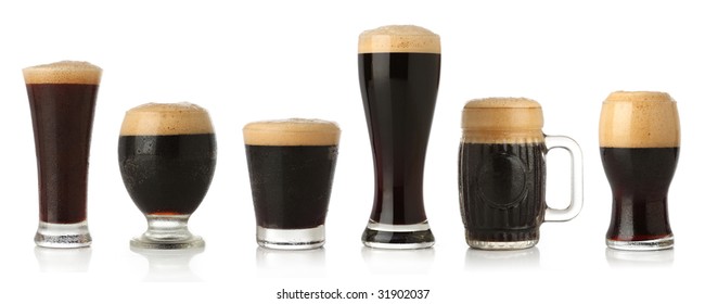 Differente Glasses Of Stout Beer, Isolated On White