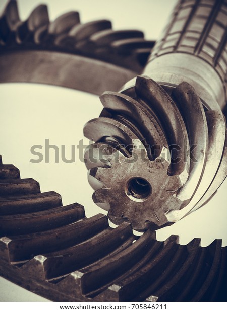 Differential transmission gearbox detailed\
closeup. Automobile machinery engineeing, industrial objects and\
details concept.