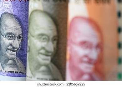 Differentially Focused Indian Currency Notes Of Different Denominations. Growing Indian Economy.