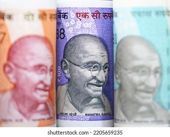 Differentially Focused Indian Currency Notes Of Different Denominations. Growing Indian Economy.