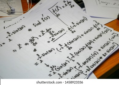 Differentiation Solving Problem, Equations Outlines On White Paper, Mathematics Notation ,calculus For  Engineering And Scientific Studying.