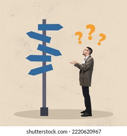 Difficult choice. Creative art collage or design. Office worker standing near road sign and has question mark at his mind, head. Choosing strategy for achieving goal. Concept of business, career - Powered by Shutterstock