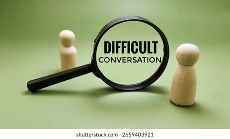Difficult Conversation Between Two Wooden Dolls Seen Through Magnifying Glass Representing Conflict, Miscommunication, and Emotional Tension in Dialogue. 