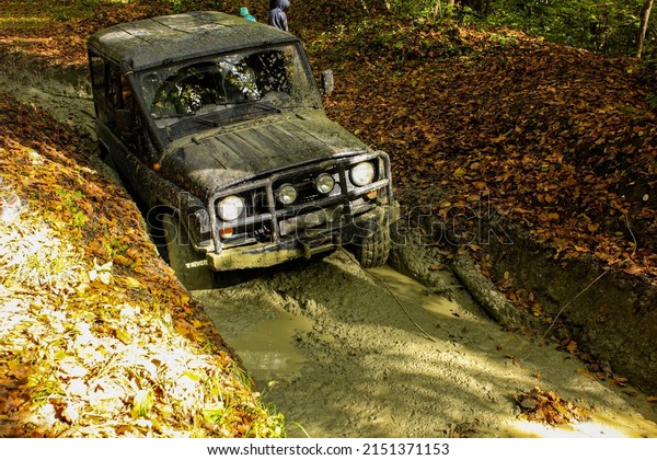 Difficult road in\
the woods, only a winch\
helps