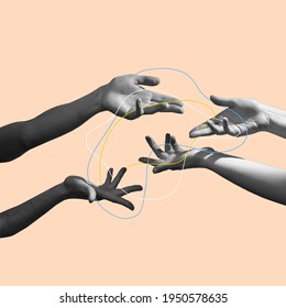 Difficulties. Hands aesthetic on bright background, artwork. Concept of human relation, community, togetherness, symbolism, surrealism. Light and weightless touching unrecognizable - Shutterstock ID 1950578635