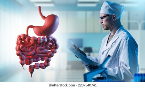 Digestive Health. Man Doctor With Test Tube And Medical Card. Doctor Analyzes Stomach. Treatment Of Patients Digestive System. Gastroenterologist Analyzes Digestive System. Man Doctor 