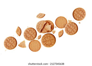 Digestive oatmeal biscuits falling isolated flat on white background flying biscuits collection - Shutterstock ID 2127345638