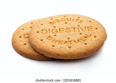 Digestive oatmeal biscuits stack isolated on white background - Shutterstock ID 2201818881