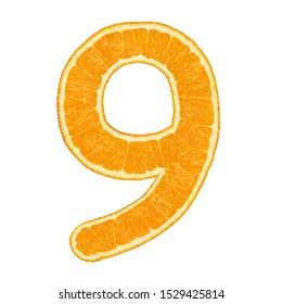 Digit 9 (number Nine) Made From Orange Fruit Isolated On White Background With Clipping Path