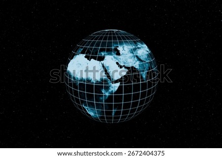 Digital 3D globe with grid lines showing Earth in space, symbolizing global communication, technology, geography, and connection against a dark starry universe background.