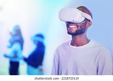 Digital 3d vr headset for gamer with metaverse tech, future and virtual reality cyber innovation, ai and video gaming. Black man in futuristic universe and online avatar game, virtual game or vision - Powered by Shutterstock