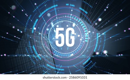 Digital 5G network concept with futuristic interface over city buildings background, glowing light effects and binary code, creative design - Powered by Shutterstock - Get 15% off with code: PIKWIZARD15