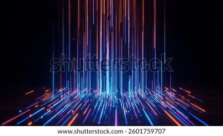 A digital abstract background featuring cascading neon lines in blue, orange, and pink