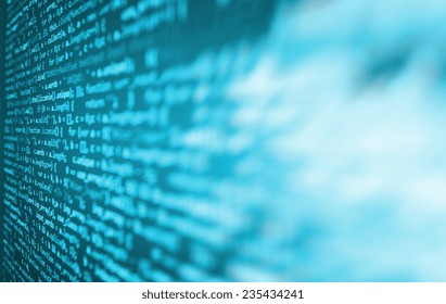 Digital abstract bits data stream, cyber pattern digital background. Blue color.   Vignette light and dark shadow dramatic effect. Gibberish, dummy, lorem ipsum text. Letters, chars, and digits. 