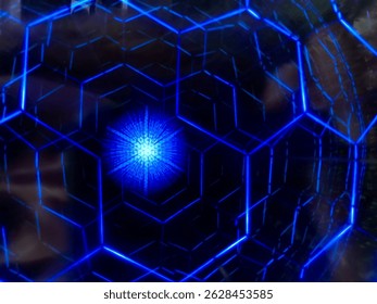 Digital abstract with glowing blue hexagons and neon core on a black background. Futuristic and high-tech feel for design and tech themes