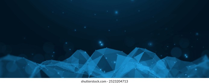 Digital abstract waveform technology blue flat background banner, graphics vector polygon plexus line and dots shape connecting link structure, futuristic tech data computer concept.