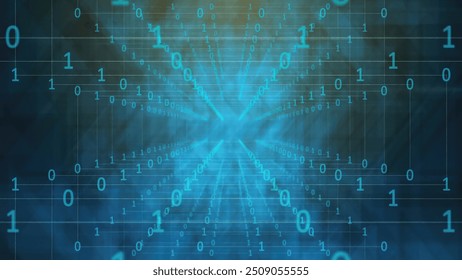 Digital abstraction featuring binary code stream with vibrant blue tones and a sense of depth, creating a futuristic environment