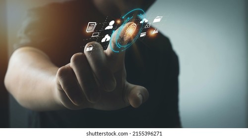 digital access technology Upload and store security Young business people are scanning fingerprints to access information using virtual screens, the Internet of Things, business and business.
