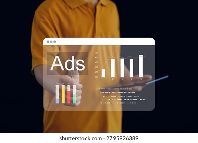 Digital advertising analytics concept featuring online marketing performance, campaign optimization, data visualization, business growth metrics, audience engagement, and advertising strategy.