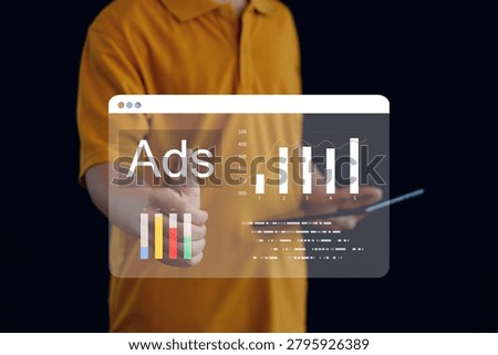 Digital advertising analytics concept featuring online marketing performance, campaign optimization, data visualization, business growth metrics, audience engagement, and advertising strategy.