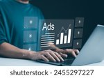 Digital Advertising Analytics and Video ADS Campaigns. Person using laptop analyzing digital ad performance metrics and campaign data. Digital marketing online, Content creation, Customer engagement,