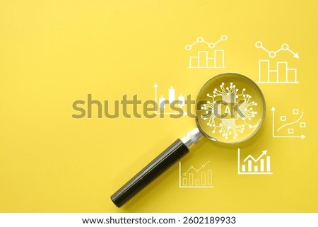 Digital AI and data analytics visualized through a magnifying glass with colorful graphs and statistics,symbolizing the power of AI technology in improving data-driven business strategies and insight.