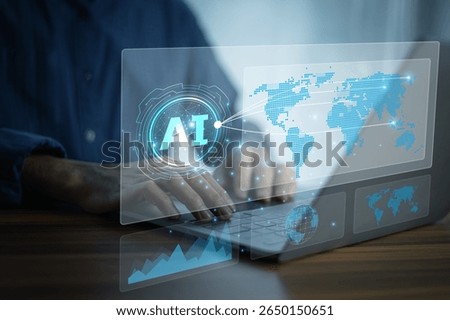 Digital AI interface for global logistics control, real-time transportation optimization, and data automation by business professional.