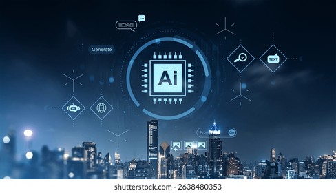 Digital AI processor and interface icons floating above a city skyline at night, with futuristic graphic style, symbolizing innovation and tech