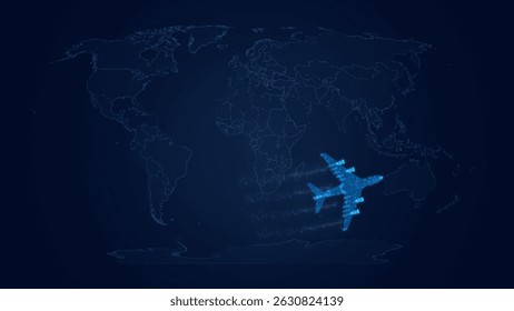 Digital Airplane Flying Over World Map, Global Travel, Aerospace Innovation, and Business Connectivity Concept