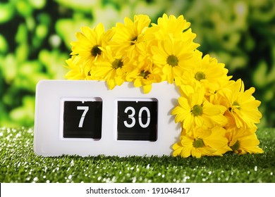 Digital alarm clock on green grass, on nature background - Powered by Shutterstock