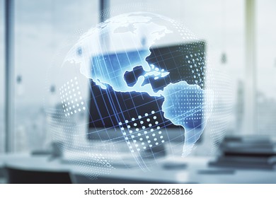 Digital America map on modern laptop background, international trading concept. Multiexposure