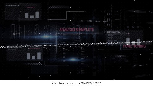 Digital analysis interface showing ANALYSIS COMPLETE text in grid, with waveform and chart overlays. Futuristic, technology, virtual, holographic, data, insight, interface - Powered by Shutterstock - Get 15% off with code: PIKWIZARD15