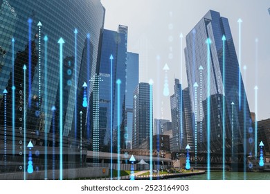 Digital arrows and binary codes superimposed on a photo of Chicago skyscrapers. The concept of financial growth and technology innovation