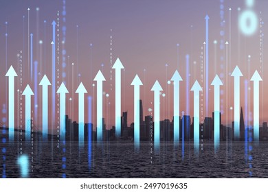 Digital arrows pointing upwards with binary code overlaying a cityscape at dusk, symbolizing growth and progress in technology and business