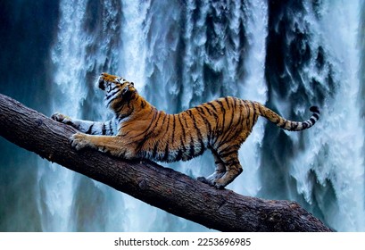 Digital art of a majestic tiger relaxing in front of a beautiful waterfall.

Tigers and waterfalls are two of nature's most magnificent creations. - Powered by Shutterstock