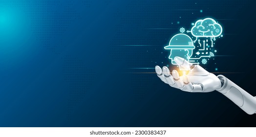 Digital Artificial intelligence (AI) interface new technology concept.Hand robot hold display hologram brain human by 3D rendering. machine learning with smart big data. Robot assistant to help. 