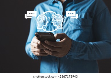 Digital Artificial Intelligence (AI) technology disruption concept.man use smartphone command prompt Ai chat. Big data storage.Innovative technology Machine learning support in the business.