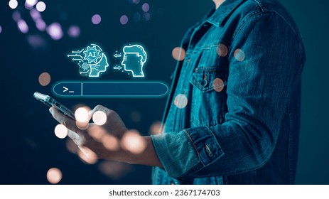 Digital Artificial Intelligence (AI) technology disruption concept.man use smartphone command prompt Ai chat. Big data storage.Innovative technology Machine learning support in the business.