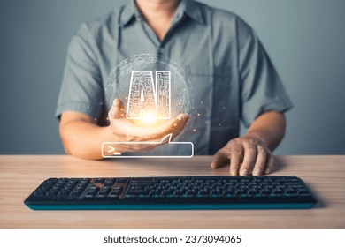 Digital Artificial Intelligence (AI) technology disruption concept.man use smartphone command prompt Ai chat. Big data storage.Innovative technology Machine learning support in the business.