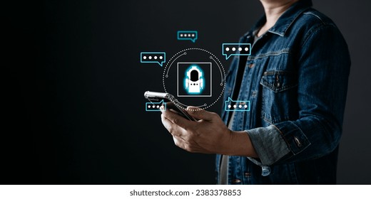 Digital Artificial Intelligence (AI) technology disruption concept.Innovative technology Machine learning support in the business. man use smartphone and Ai chat bot. Big data storage.