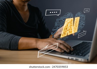 Digital Artificial Intelligence technology disruption concept. man touch command prompt ai chat bot. Big data storage.use AI to generate management service technology support in the business.