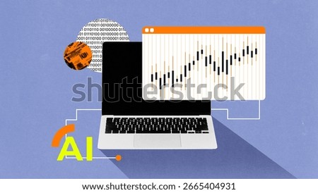 Digital artwork. AI-powered trading analytics interface on laptop screen. Concept of robo-advisors, algorithmic trading, investment automation, and fintech innovation for financial growth.