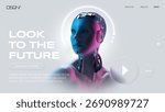 Digital artwork. Artificial intelligence robot face with neon glow in futuristic interface design. Concept of AI-driven innovation, fintech development, web 3.0, and blockchain education for startups.